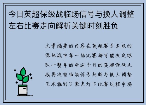 今日英超保级战临场信号与换人调整左右比赛走向解析关键时刻胜负 今日英超保级战临场信号与换人调整左右比赛走向解析关键时刻胜负