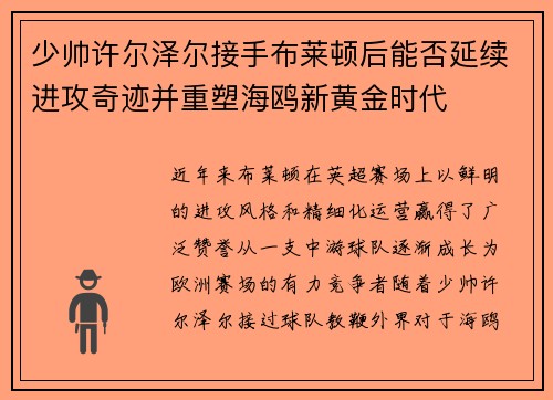 少帅许尔泽尔接手布莱顿后能否延续进攻奇迹并重塑海鸥新黄金时代